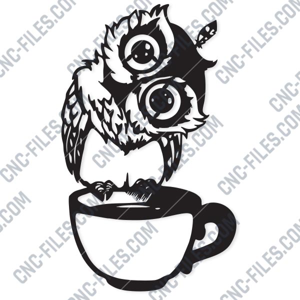 Download Owl On The Coffee Cup Design Files Eps Ai Svg Dxf Cdr Cnc Files Free Dxf File Downloads Cuttable Designs Cnc Cut Ready Diy Home Decor Dxf Svg