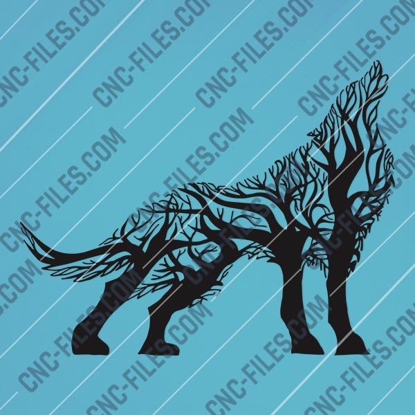 Wolf with tree Vector Design file - DXF SVG EPS AI CDR