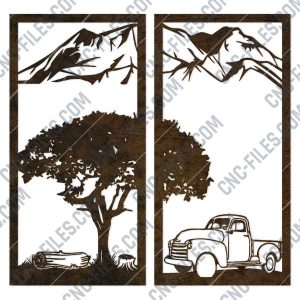 Tree with mountain decal and car vector design files - DXF SVG EPS AI CDR